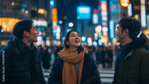 東京の交差点で友人と笑顔