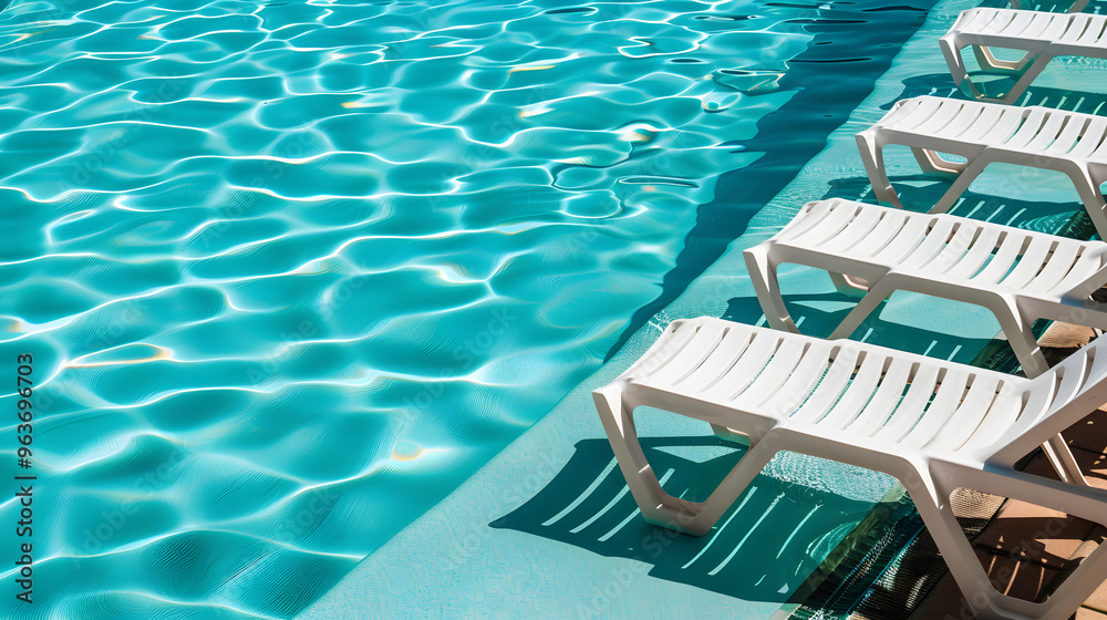 Obraz premium Empty sunbeds in a row by the hotel pool, waiting for guests to relax and soak.