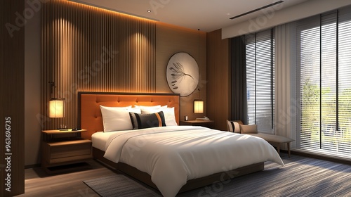 Modern design guest room hotel interior and decoration with white bedding orange headboard, wooden wall decoration, grey carpet, blind window and ceiling lighting 3d rendering bedroom.generative ai