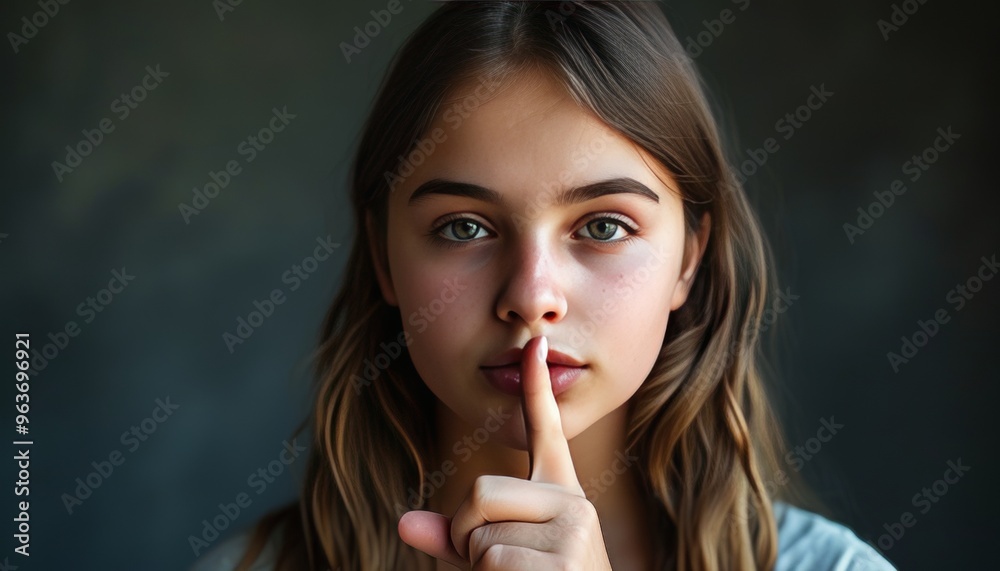 Girl Making Shh Gesture with Serious Expression Girl Making Shh Gesture with Serious Expression