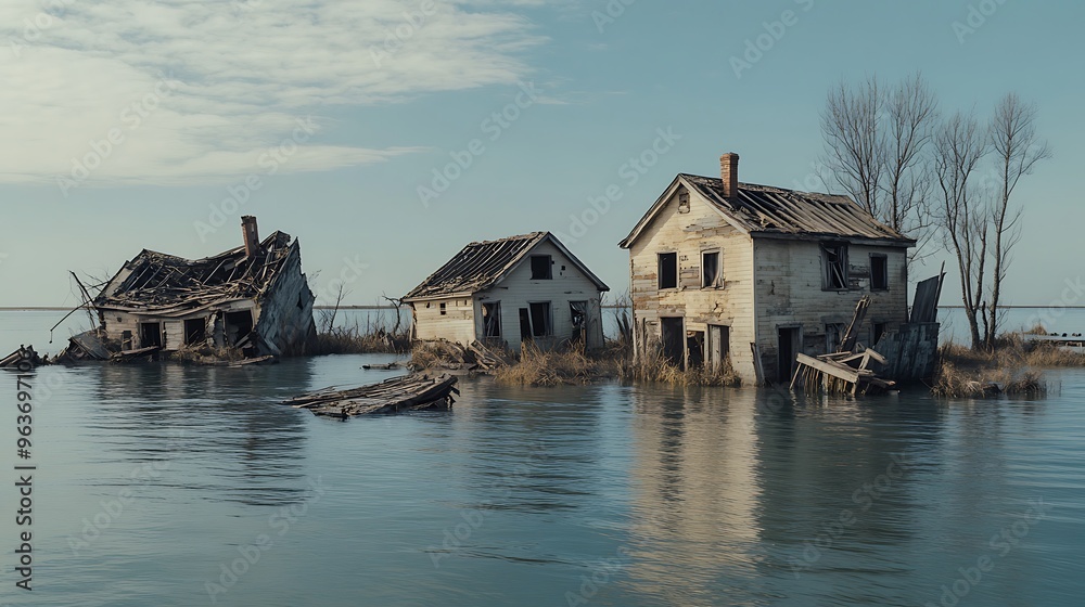An abandoned town slowly sinking into the sea, illustrating the devastating effects of rising tides, forcing communities to relocate and abandon their homes. An abandoned town slowly sinking into the sea, illustrating the devastating effects of rising tides, forcing communities to relocate and abandon their homes.