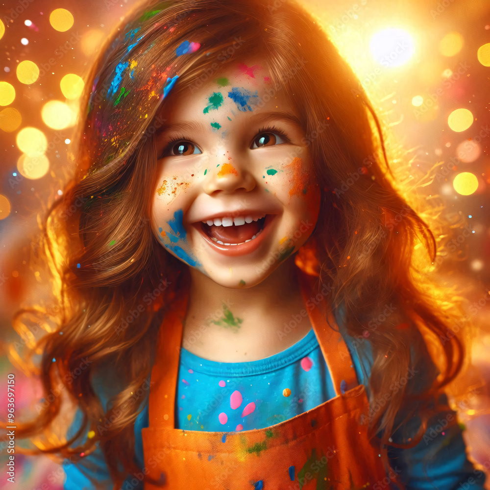 Young kid girl with happy smiling face smeared by paints, bokeh-effect blurry background, wonder and joy motif, wallpaper illustration background Young kid girl with happy smiling face smeared by paints, bokeh-effect blurry background, wonder and joy motif, wallpaper illustration background