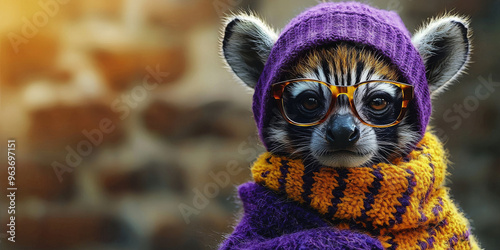 A lemur wearing a purple hat, scarf, and glasses.