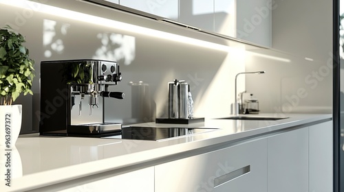 Modern kitchen interior showcasing sleek design with white cabinetry, stainless steel sink, and a coffee machine on a reflective countertop.generative ai