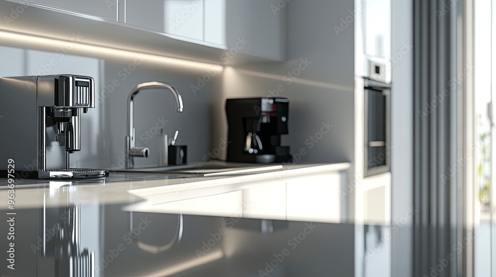 Modern kitchen interior showcasing sleek design with white cabinetry, stainless steel sink, and a coffee machine on a reflective countertop.generative ai Modern kitchen interior showcasing sleek design with white cabinetry, stainless steel sink, and a coffee machine on a reflective countertop.generative ai
