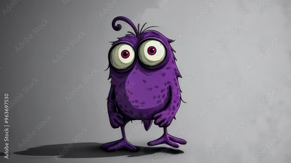 Purple Character with Big Eyes on a Grey Background
Purple Character with Big Eyes on a Grey Background