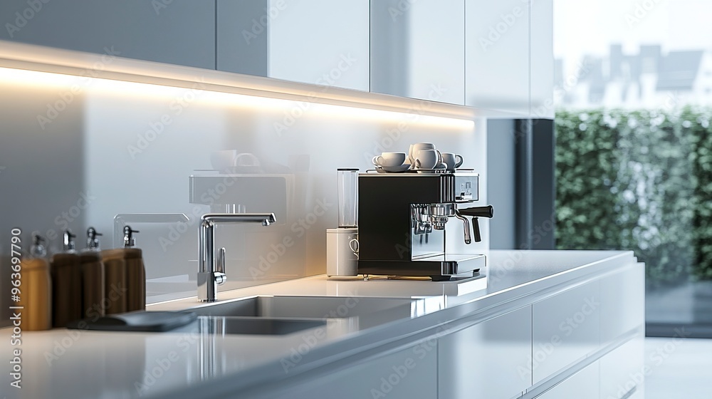Modern kitchen interior showcasing sleek design with white cabinetry, stainless steel sink, and a coffee machine on a reflective countertop.generative ai Modern kitchen interior showcasing sleek design with white cabinetry, stainless steel sink, and a coffee machine on a reflective countertop.generative ai