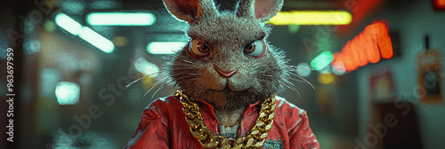 A tough-looking rabbit with a gold chain stares intensely at the camera. photo