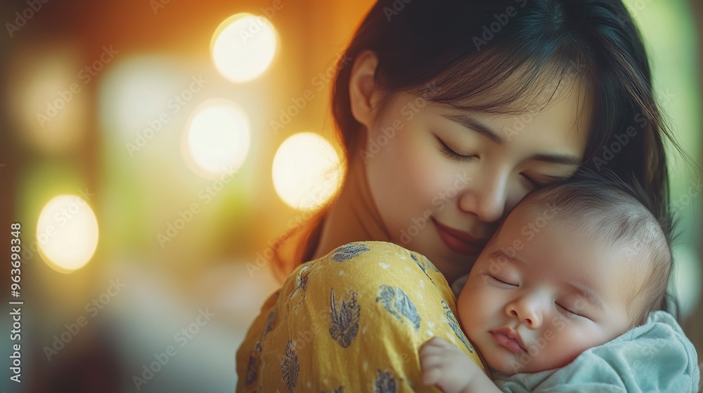 Naklejka premium Mother carrying her newborn baby girl on shoulder at home. Cute 19 days Asian Australian infant baby sleeping in mom arms. Parent and little kid relaxing at home. generative ai