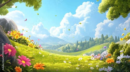 A vibrant and colorful 2D illustration representing a whimsical spring landscape, showcasing the lush green grass, an array of vibrant flowers, and a beautifully clear blue sky overhead