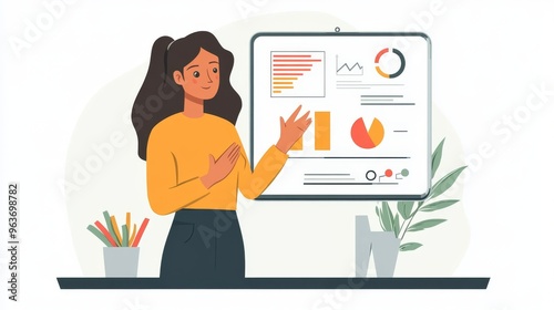 women making presentation illustration explaning and board behind her white backround