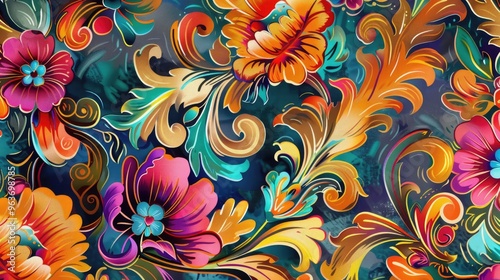 Colorful retro tapestry pattern with floral design for background