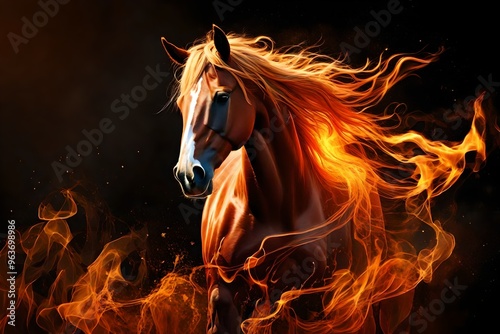 fiery wallpaper featuring a horse made of flames running through intense fire, set against a dark solid color background..