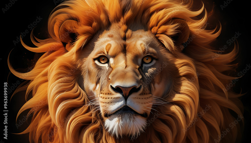Fototapeta premium Majestic Fierce Lion with Fiery Golden-Orange Mane, Detailed Fur and Sharp Fangs, Set Against a Dynamic Background of Swirling Fractals and Abstract Shapes in Digital Art