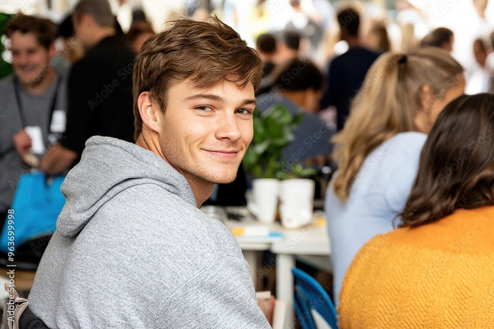 Young man smiling while seated at a busy café in daytime Young man smiling while seated at a busy café in daytime