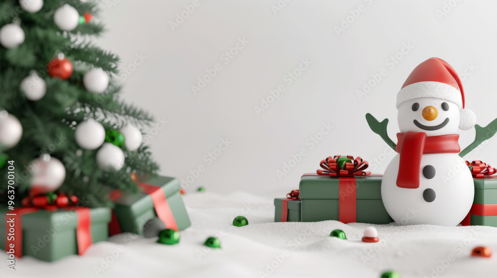 Snowman with Christmas gifts and decorated tree Snowman with Christmas gifts and decorated tree