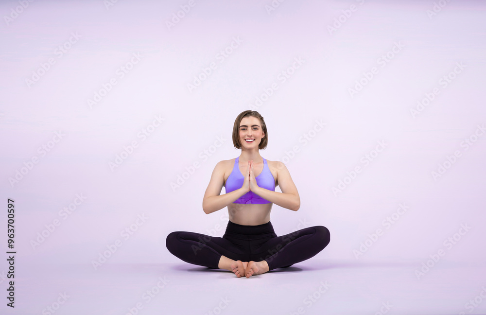 Full body length gaiety shot athletic and sporty woman doing healthy and meditative yoga exercise workout posture on isolated background. Healthy active and body care lifestyle Full body length gaiety shot athletic and sporty woman doing healthy and meditative yoga exercise workout posture on isolated background. Healthy active and body care lifestyle