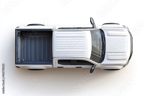 Aerial View of a Modern White Pickup Truck with Open Bed on a Clean White Background