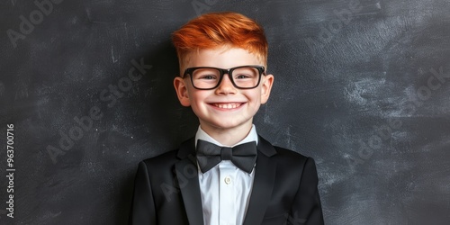 A cheerful young boy with bright red hair and glasses, dressed in a formal tuxedo, smiles confidently against a dark textured backdrop