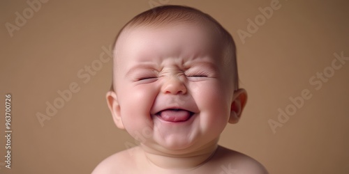 A joyful baby with a big smile, sticking out their tongue, radiating happiness against a warm neutral background, capturing the essence of pure joy and innocence in natural light