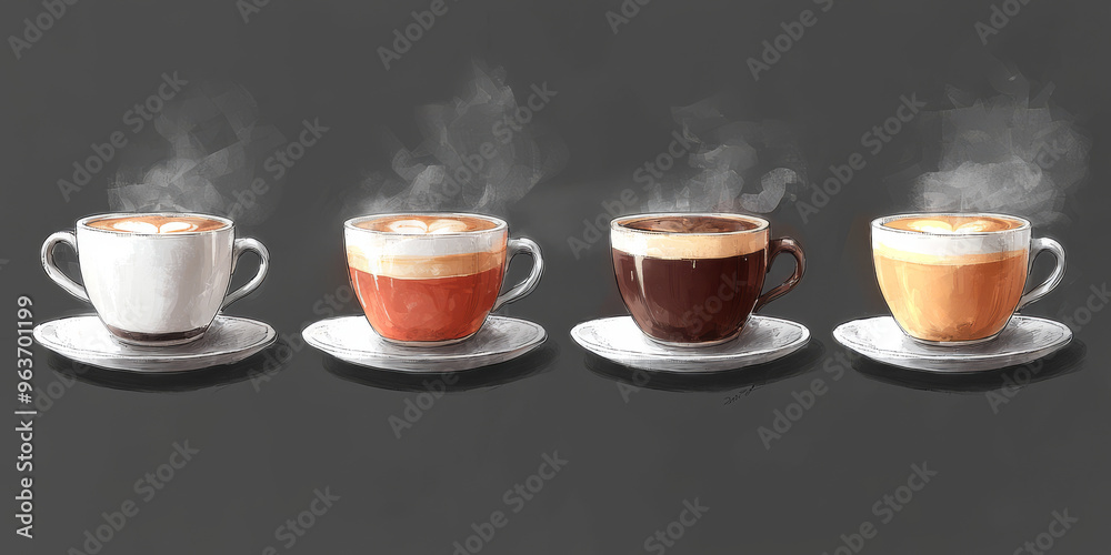 Four steaming cups of coffee, each with a different flavor and color. Four steaming cups of coffee, each with a different flavor and color.