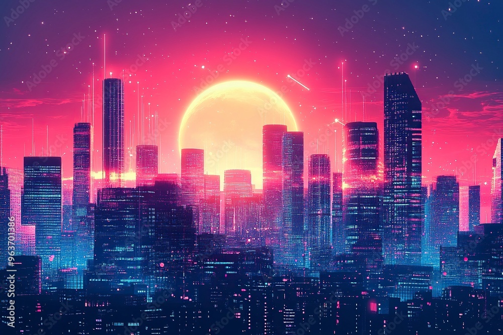 Obraz premium Panoramic urban architecture, cityscape with space and neon light effects. Modern hi-tech, science, futuristic technology concept. generative ai