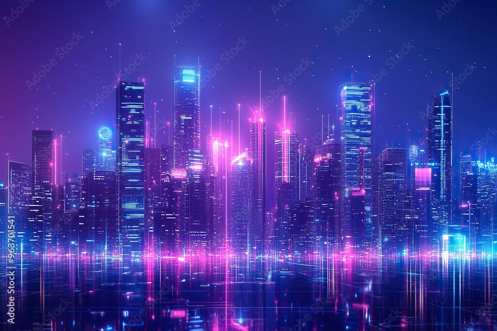 Panoramic urban architecture, cityscape with space and neon light effects. Modern hi-tech, science, futuristic technology concept. generative ai Panoramic urban architecture, cityscape with space and neon light effects. Modern hi-tech, science, futuristic technology concept. generative ai
