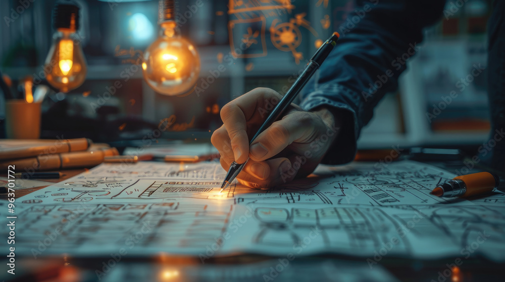 Naklejka premium Creative Designer Sketching Innovative Ideas on Paper in a Modern Studio with Warm Lighting