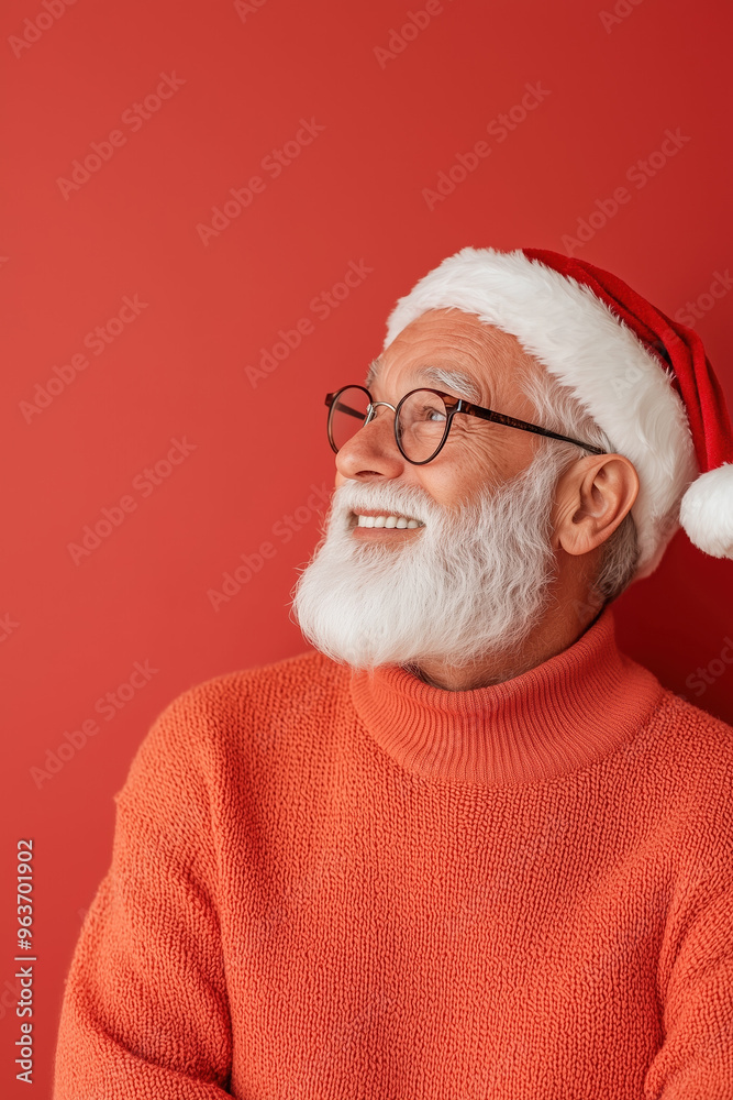 Elderly Man with a Christmas Hat Posed Against a Red Studio Backdrop for a Contemporary Santa Claus Theme Elderly Man with a Christmas Hat Posed Against a Red Studio Backdrop for a Contemporary Santa Claus Theme