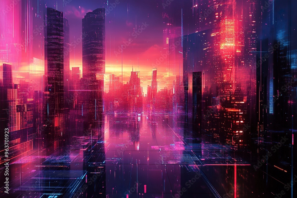 Obraz premium Panoramic urban architecture, cityscape with space and neon light effects. Modern hi-tech, science, futuristic technology concept. generative ai