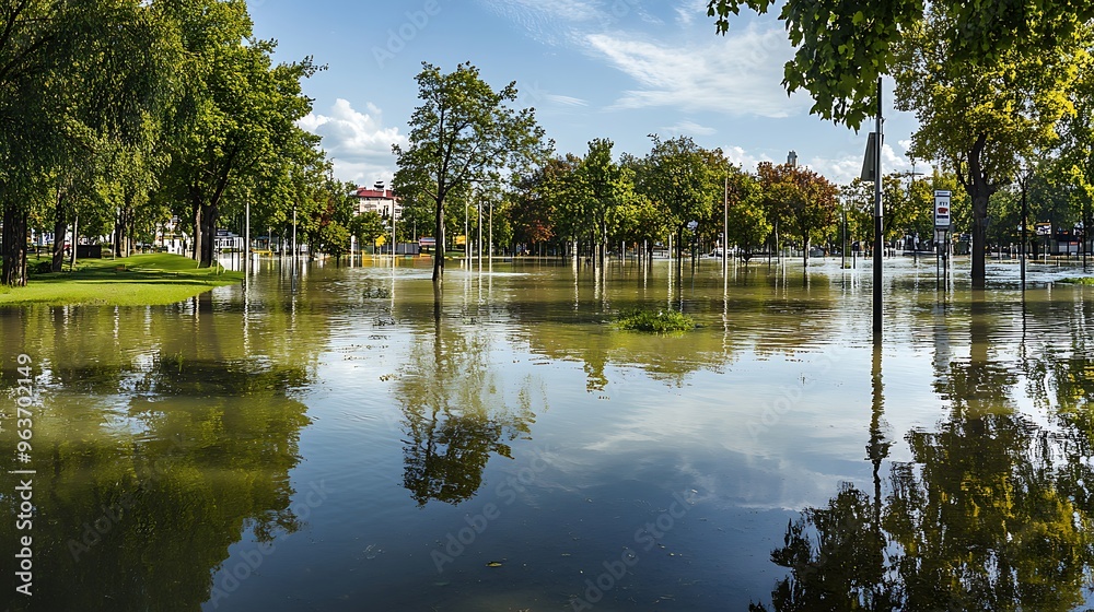Obraz premium Urban flooding submerging a park and streets, illustrating the challenges of urban resilience with clear reflective water for copy.
