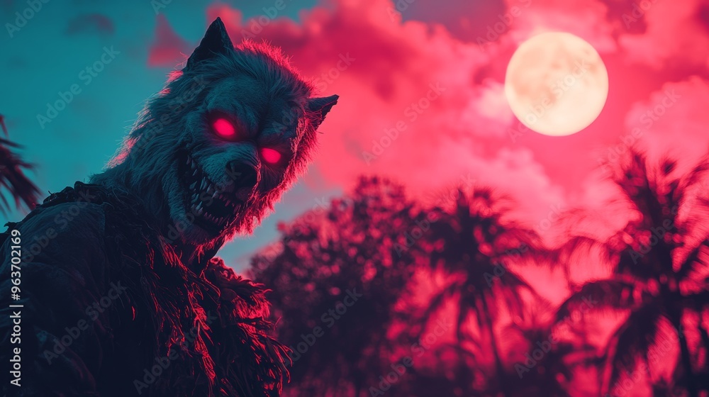 Fototapeta premium Scary Werewolf in Countryside with Full Moon for Thanksgiving, Halloween and Fall Season. Cool, vintage, rustic, retro, pink style concept.