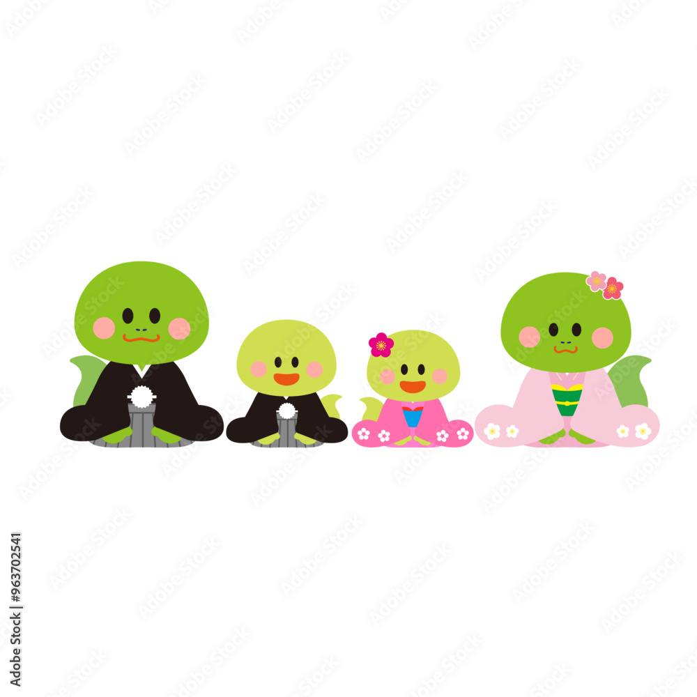 Naklejka premium かわいい着物を着て挨拶するヘビの家族のイラスト