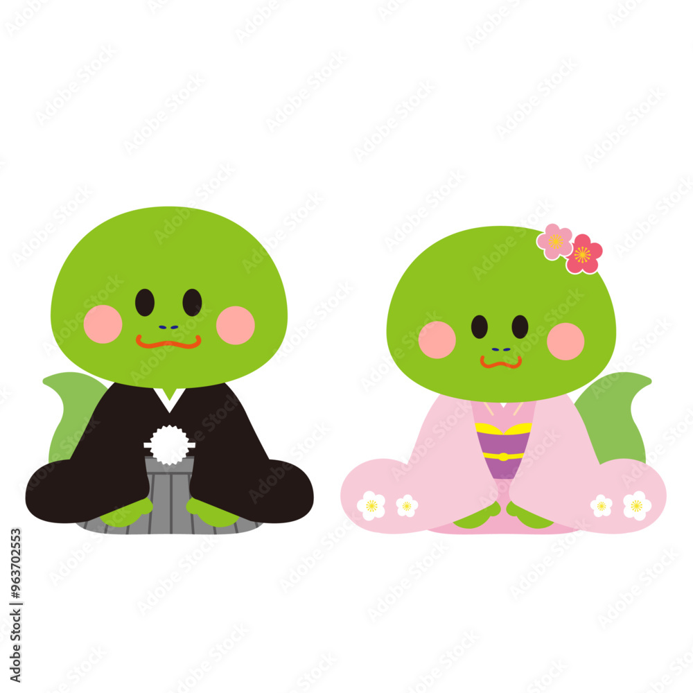 Obraz premium かわいい着物を着て挨拶するヘビのイラスト