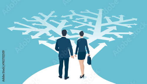 Direction. Too many options. A business couple looks at arrows pointing to many directions. Concept business vector illustration 