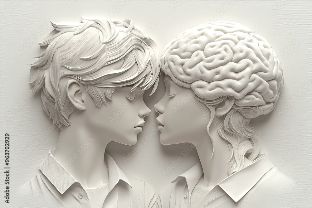 Fototapeta premium Mental potential Social neural dynamics Abstract white sculpture of two people with merging brains symbolizing intellectual connection love and cognitive unity
