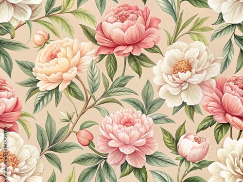 Elegant and sophisticated vector pattern of peonies in shades of soft coral and blush pink, set against a creamy beige background, with precise illustration and subtle texture.
