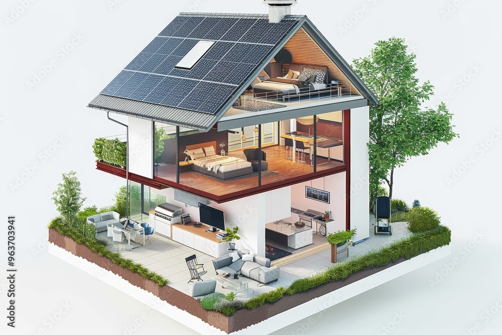 Cutaway Illustration of an Energy Efficient Home Featuring Solar Panels, Insulation, and Eco-Friendly Appliances Cutaway Illustration of an Energy Efficient Home Featuring Solar Panels, Insulation, and Eco-Friendly Appliances