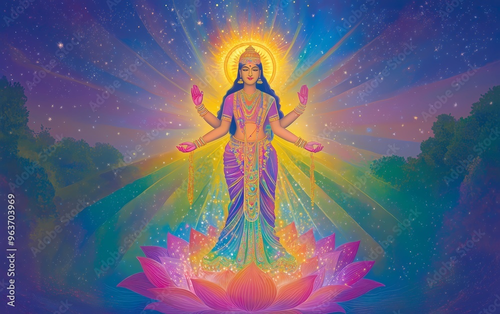 Lakshmi, the goddess of wealth, stands against a rainbow background, celebration and traditional indian concept, Lakshmi, the goddess of wealth, stands against a rainbow background, celebration and traditional indian concept,