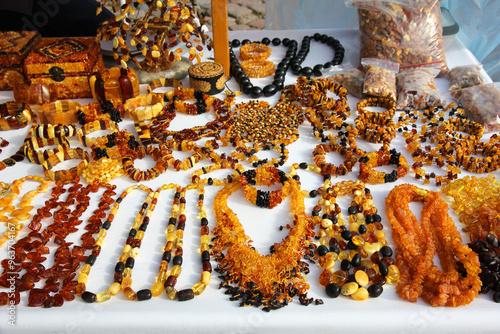 Beautiful Amber Jewellery. Baltic Souvenirs Necklaces and Bracelets in Klaipeda, Lithuania.