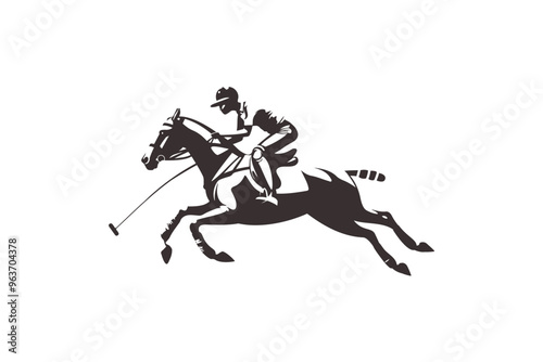 Black and white silhouette of a polo player on a galloping horse in mid-action during a match