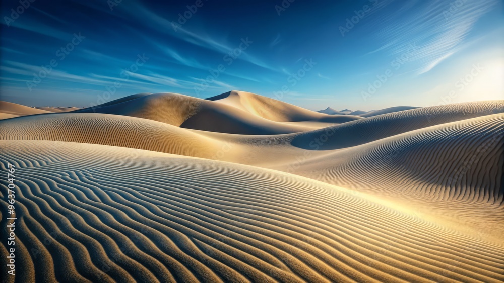 Naklejka premium A stylized illustration of sand dunes as a series of stylized, curved lines and shapes in shades of sandy beige and soft gray, against a calm blue background with subtle texture effects.