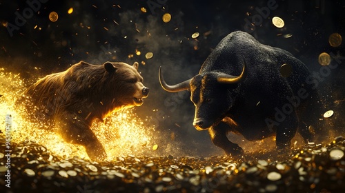 Bear vs bull run market - portrait of bull and bear
