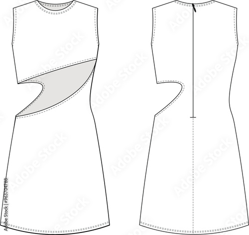 round neck crew neck zippered low cut cutout a line short mini dress template technical drawing flat sketch cad mockup fashion woman design style model
