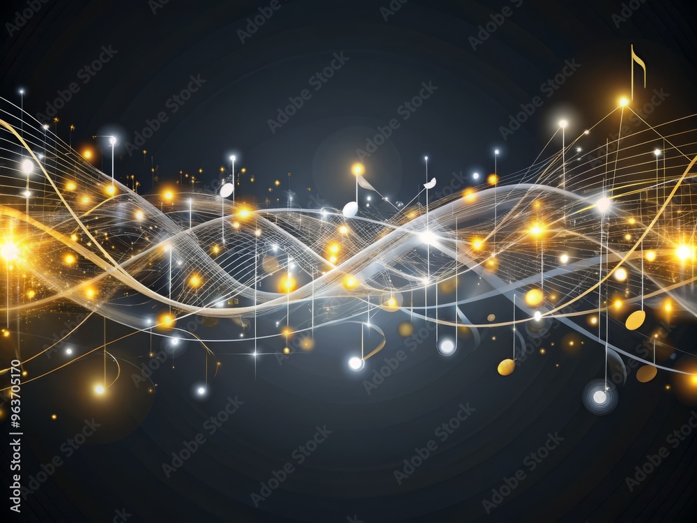 Obraz premium A futuristic diagram of music frequencies, depicted as a series of interconnected nodes and pathways, in shades of silver and gold, with subtle glow effects, on a dark gray background.