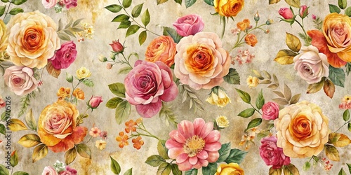 A charming, rustic pattern featuring a mix of roses and wildflowers in shades of pink, yellow, and orange, on a distressed, vintage-inspired background with subtle texture and gentle, earthy tones.