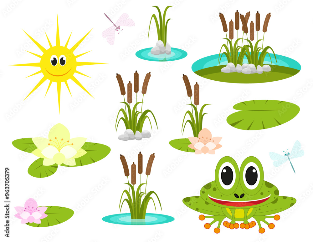 Fototapeta premium Vector illustration. Funny cartoon pond set collection. Smiling frog, reed, sun, acquatic plants, blooming lotus flower, dragonfly isolated icon on white background.
