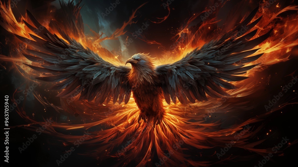 Illustration of a phoenix in fire. Symbol of rebirth. Fenix with burning wings and feathers. Firebird on black background. Illustration of a phoenix in fire. Symbol of rebirth. Fenix with burning wings and feathers. Firebird on black background.