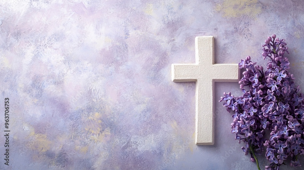 White cross and violet or purple lilac blossom on old background for a condolence card..generative ai White cross and violet or purple lilac blossom on old background for a condolence card..generative ai