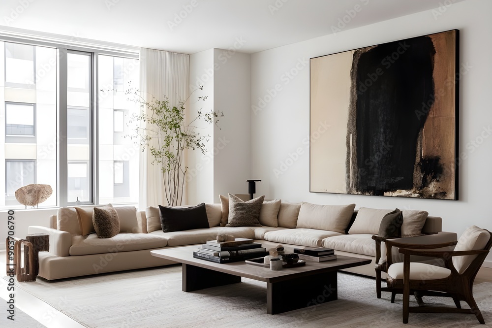 A modern living room with clean lines, neutral colors, and minimalistic furniture. A modern living room with clean lines, neutral colors, and minimalistic furniture.